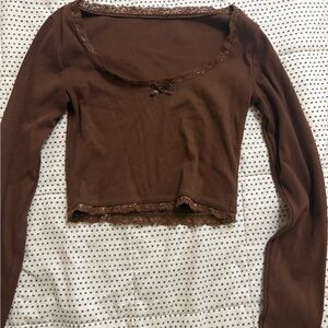Forever 21 Chocolate Brown Ribbed Lace-Trim Long Sleeve Crop Top